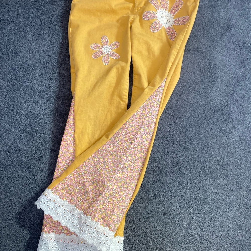 Yellow Floral Embellished Pants with Lace Trim